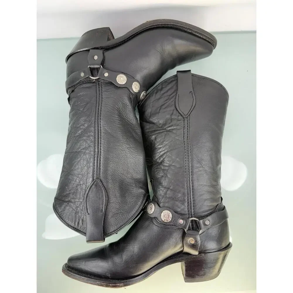 Abilene Black Leather Harness Concho Western‎ Cowgirl Boots USA 5.5M